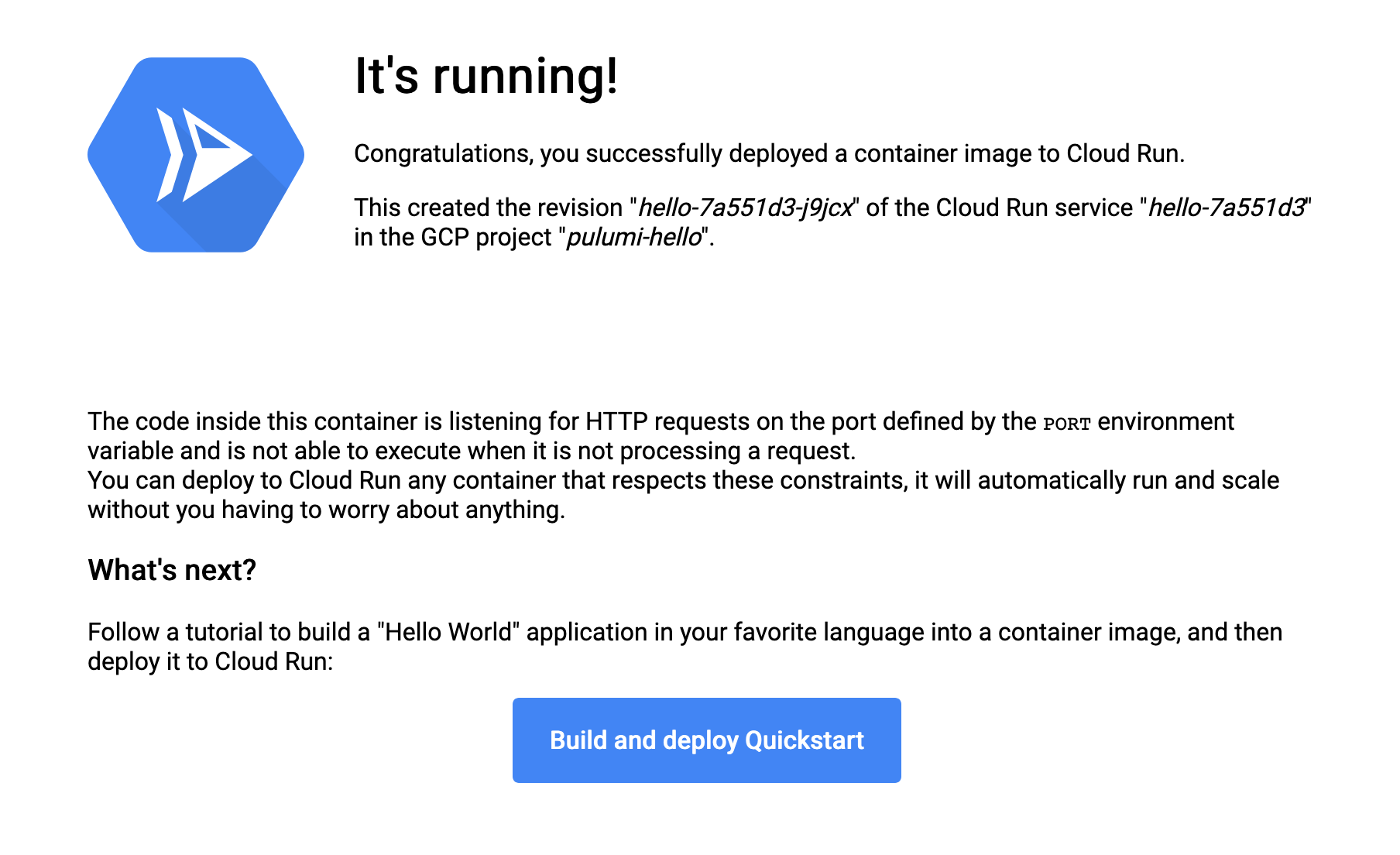 Cloud Run Hello World container running